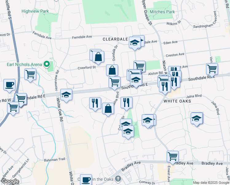 map of restaurants, bars, coffee shops, grocery stores, and more near 395 Southdale Road East in London