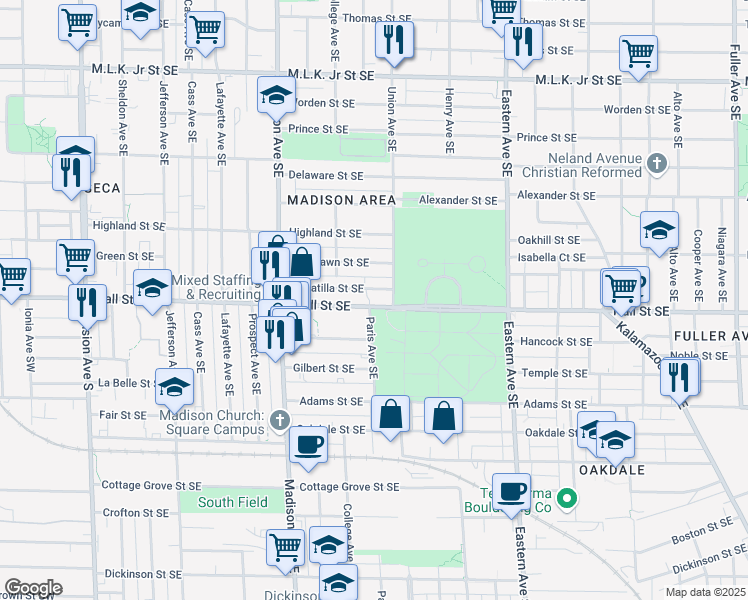 map of restaurants, bars, coffee shops, grocery stores, and more near 537 Hall Street Southeast in Grand Rapids