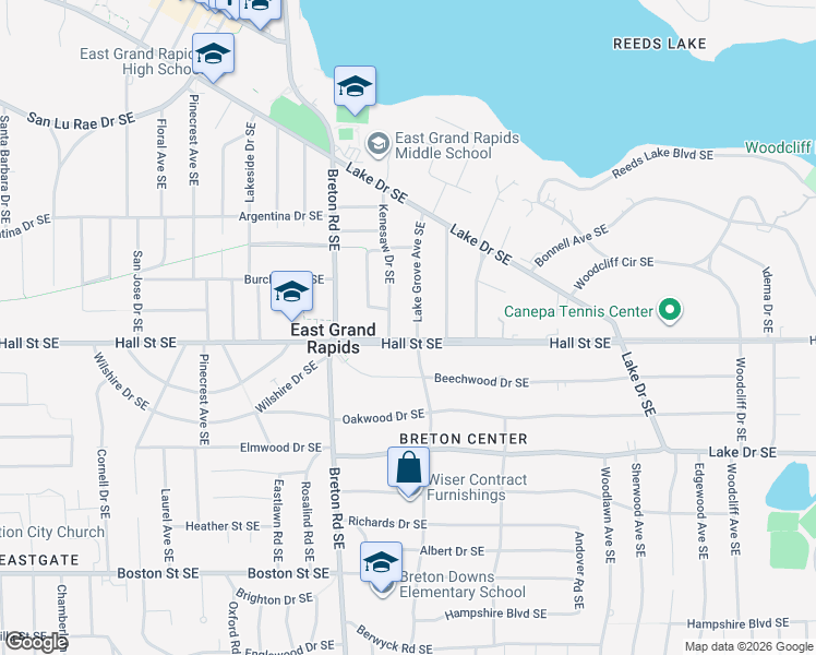 map of restaurants, bars, coffee shops, grocery stores, and more near 1132 Lake Grove Avenue Southeast in Grand Rapids