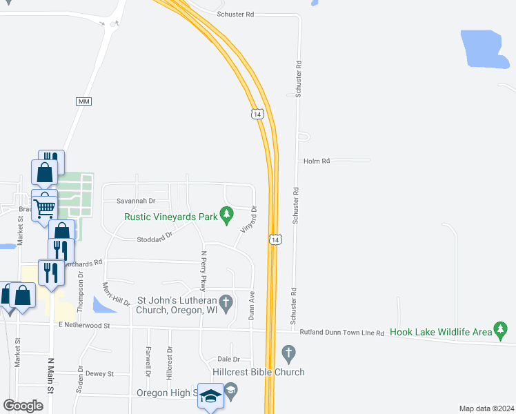 map of restaurants, bars, coffee shops, grocery stores, and more near 1062 Vinyard Drive in Oregon
