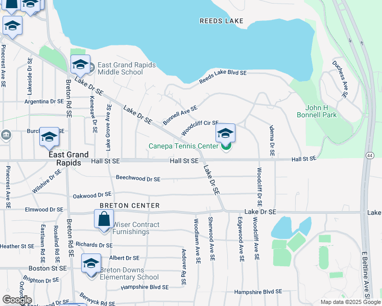 map of restaurants, bars, coffee shops, grocery stores, and more near 2760 Lake Drive Southeast in East Grand Rapids