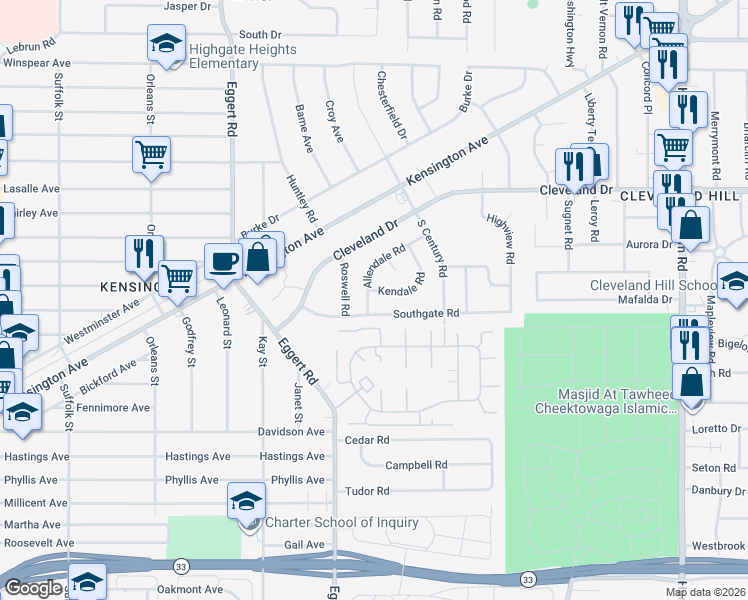 map of restaurants, bars, coffee shops, grocery stores, and more near 30 Allendale Road in Buffalo