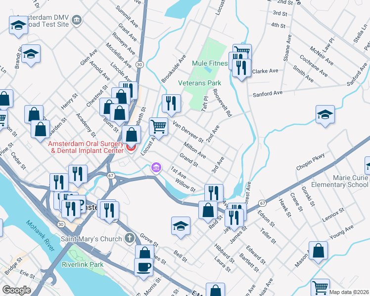 map of restaurants, bars, coffee shops, grocery stores, and more near 28 Milton Avenue in Amsterdam