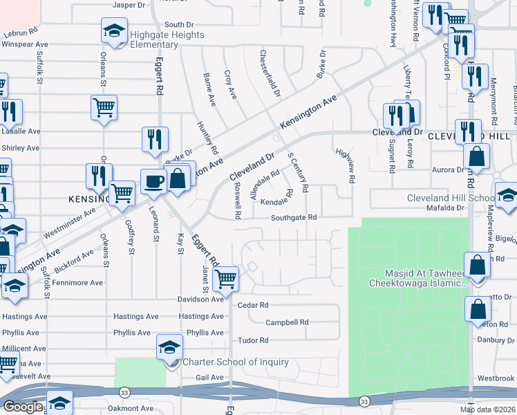 map of restaurants, bars, coffee shops, grocery stores, and more near 30 Allendale Road in Buffalo