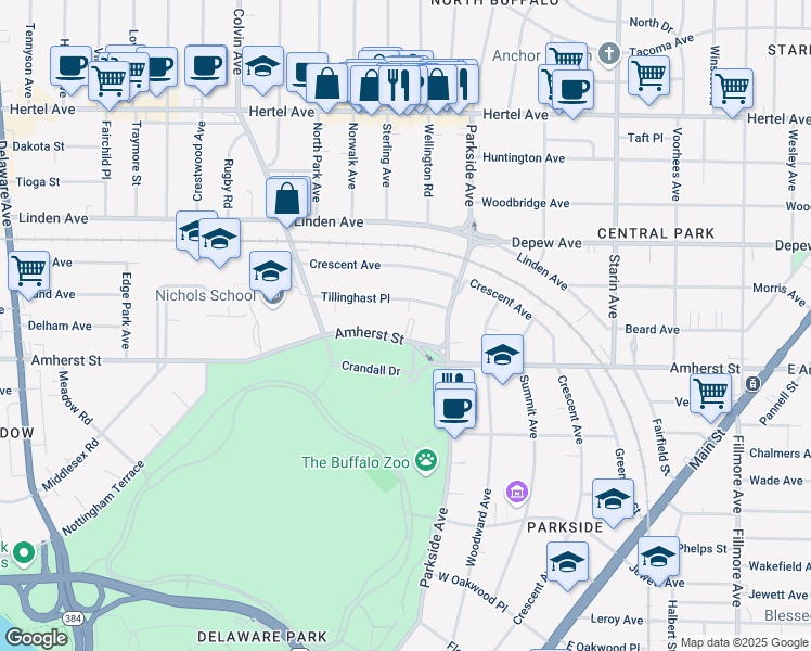 map of restaurants, bars, coffee shops, grocery stores, and more near 111 Tillinghast Place in Buffalo