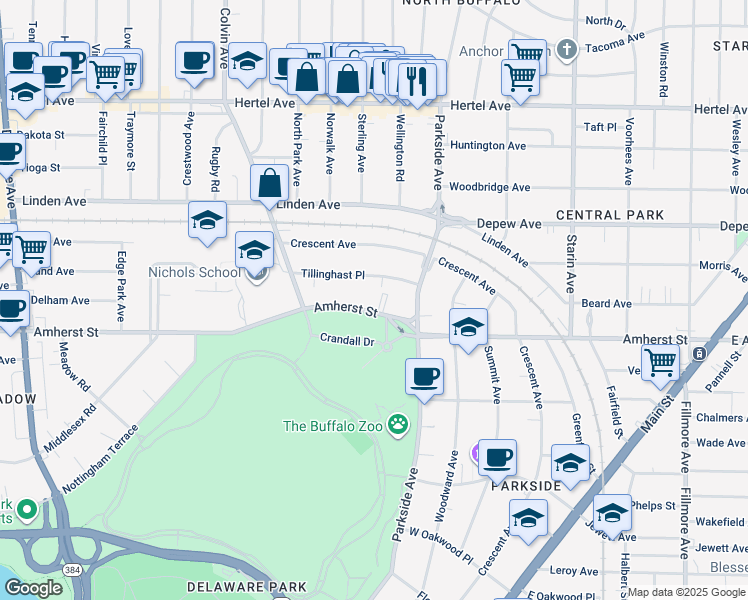 map of restaurants, bars, coffee shops, grocery stores, and more near 111 Tillinghast Place in Buffalo
