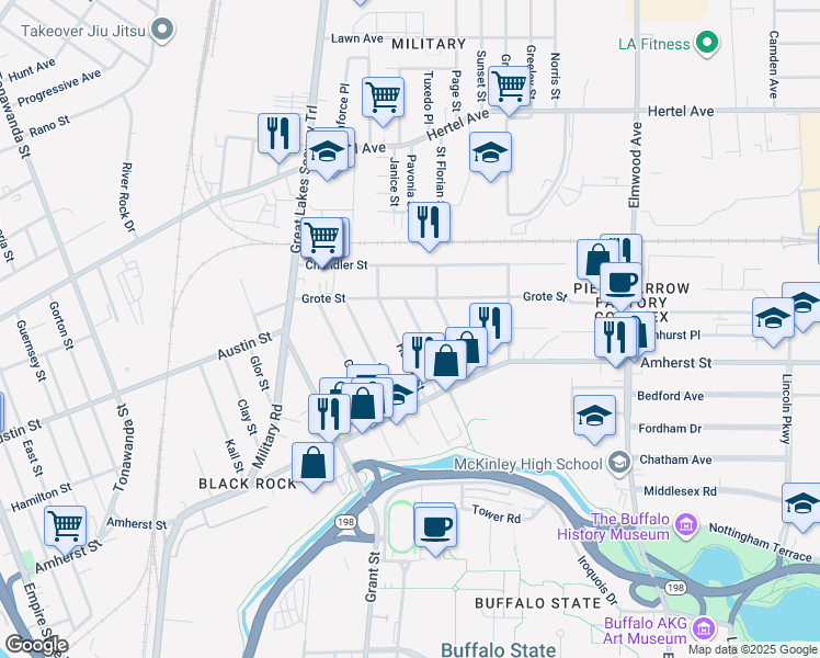 map of restaurants, bars, coffee shops, grocery stores, and more near 80 Reservation Street in Buffalo