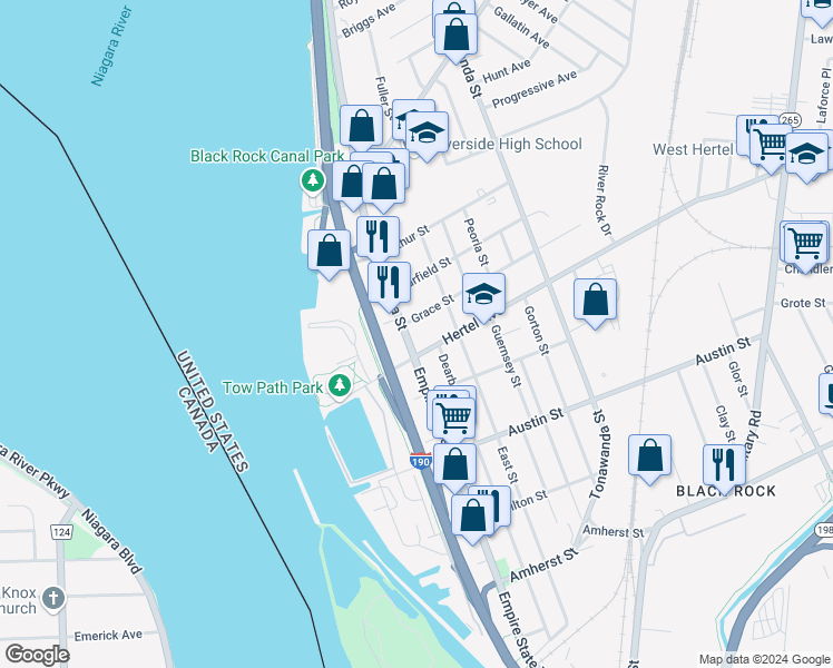 map of restaurants, bars, coffee shops, grocery stores, and more near 2121 Niagara Street in Buffalo