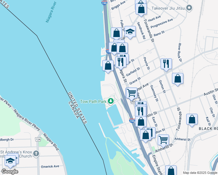 map of restaurants, bars, coffee shops, grocery stores, and more near 2192 Niagara Street in Buffalo