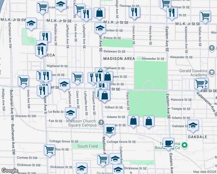 map of restaurants, bars, coffee shops, grocery stores, and more near 437 Umatilla Street Southeast in Grand Rapids