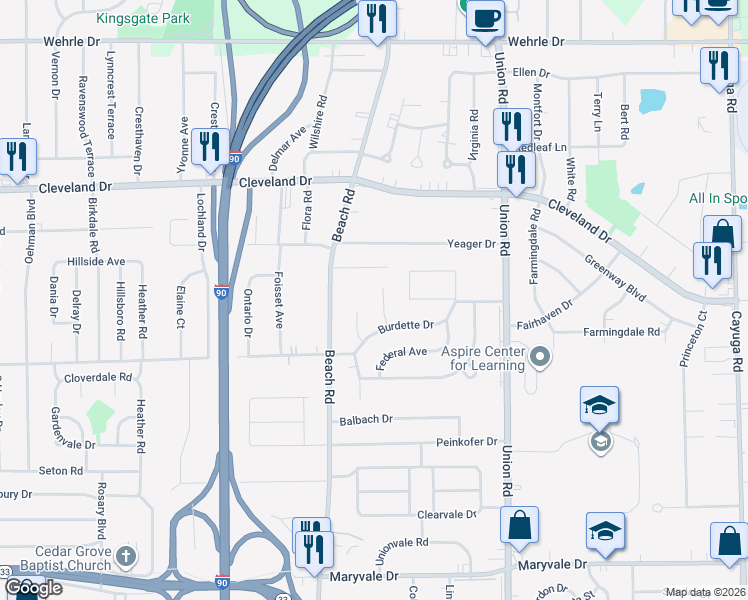map of restaurants, bars, coffee shops, grocery stores, and more near 23 Duchess Court in Buffalo
