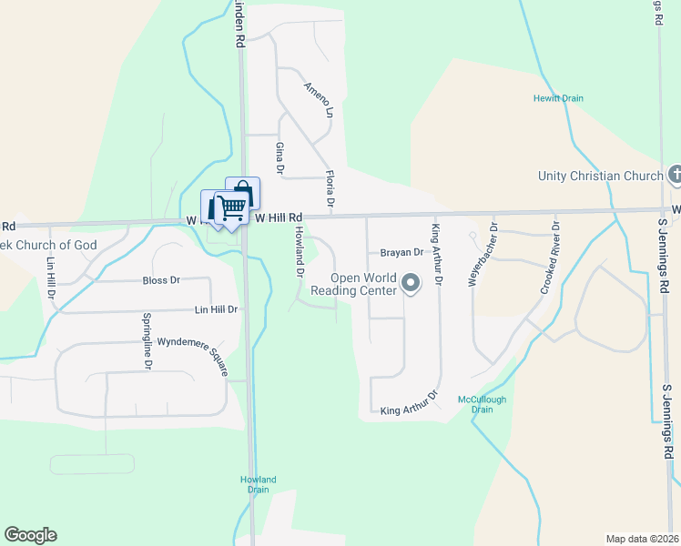map of restaurants, bars, coffee shops, grocery stores, and more near Cousins Drive in Swartz Creek