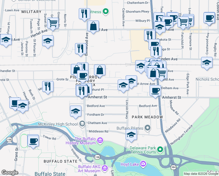 map of restaurants, bars, coffee shops, grocery stores, and more near 96 Elmhurst Place in Buffalo
