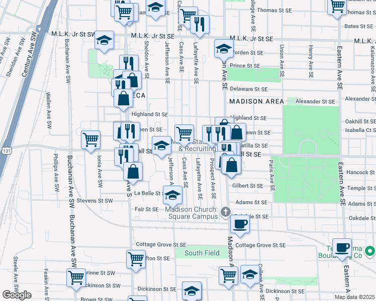 map of restaurants, bars, coffee shops, grocery stores, and more near 1159 Lafayette Avenue Southeast in Grand Rapids