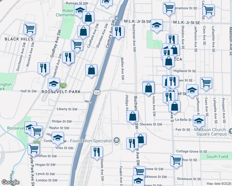 map of restaurants, bars, coffee shops, grocery stores, and more near 333 Hall Street Southwest in Grand Rapids
