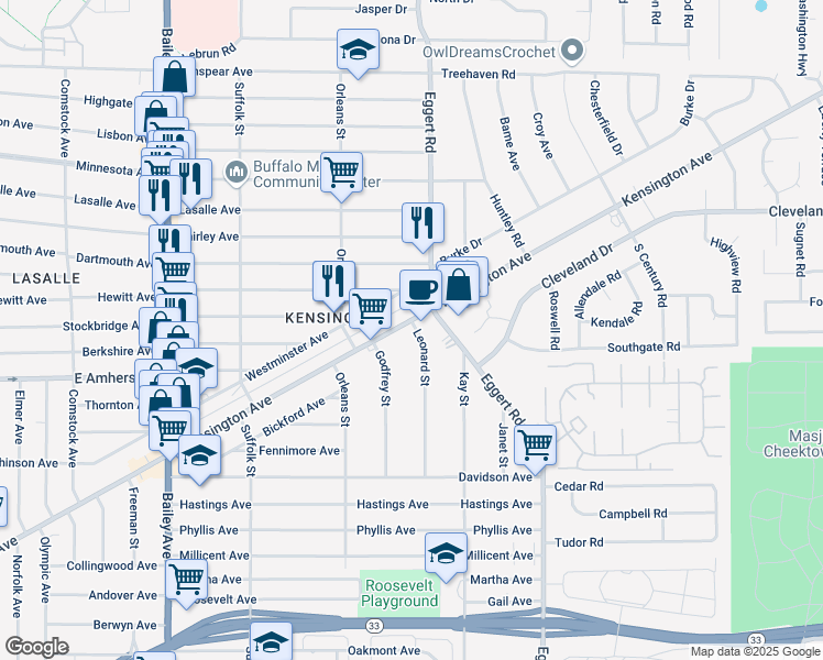map of restaurants, bars, coffee shops, grocery stores, and more near 1412 Kensington Avenue in Buffalo