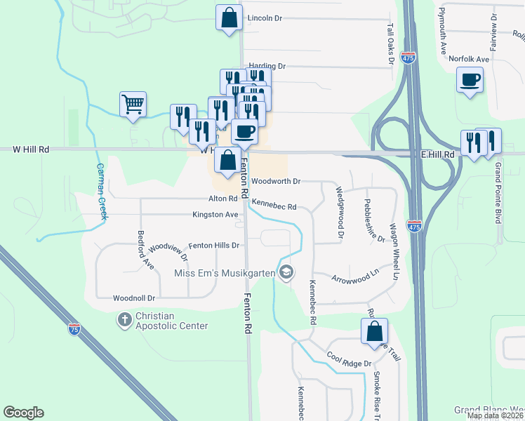 map of restaurants, bars, coffee shops, grocery stores, and more near 1039 Kennebec Road in Grand Blanc