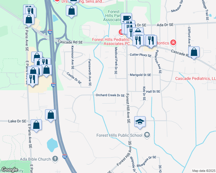 map of restaurants, bars, coffee shops, grocery stores, and more near 1157 Medical Park Drive Southeast in Grand Rapids