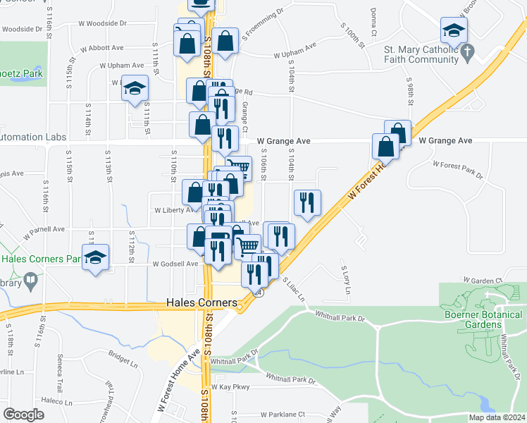 map of restaurants, bars, coffee shops, grocery stores, and more near 5644 South 106th Street in Hales Corners