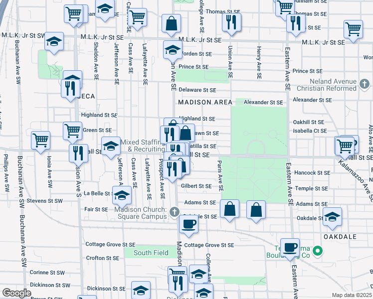 map of restaurants, bars, coffee shops, grocery stores, and more near 413 Hall Street Southeast in Grand Rapids