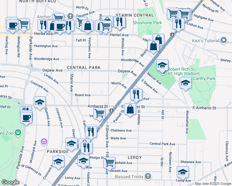 map of restaurants, bars, coffee shops, grocery stores, and more near 166 Beard Avenue in Buffalo