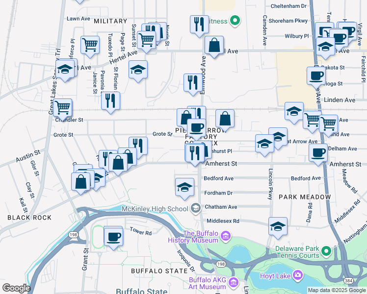 map of restaurants, bars, coffee shops, grocery stores, and more near 150 Marion Street in Buffalo