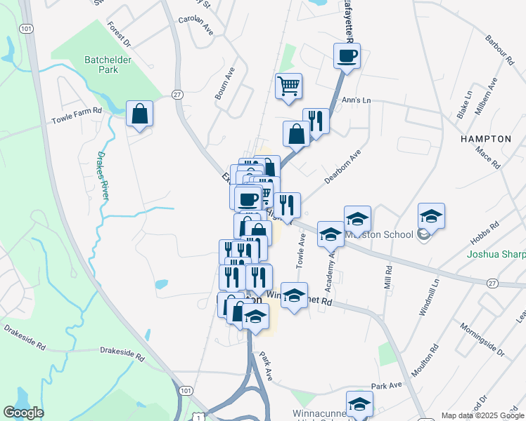 map of restaurants, bars, coffee shops, grocery stores, and more near in Hampton