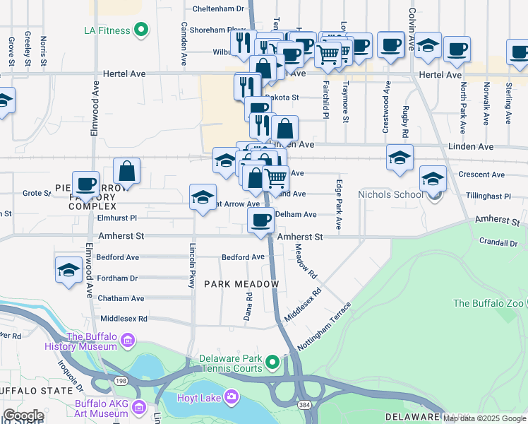 map of restaurants, bars, coffee shops, grocery stores, and more near 2130 Delaware Avenue in Buffalo
