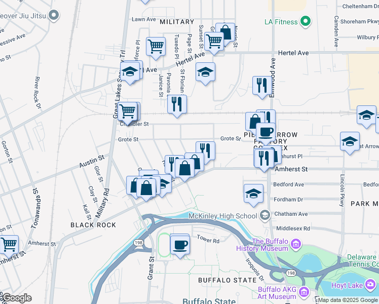 map of restaurants, bars, coffee shops, grocery stores, and more near 181 Grote Street in Buffalo