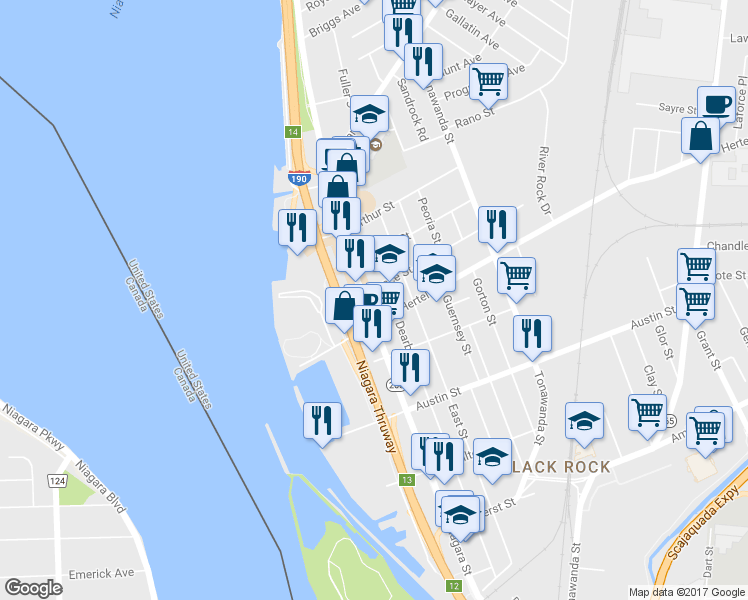 map of restaurants, bars, coffee shops, grocery stores, and more near 2121 Niagara Street in Buffalo