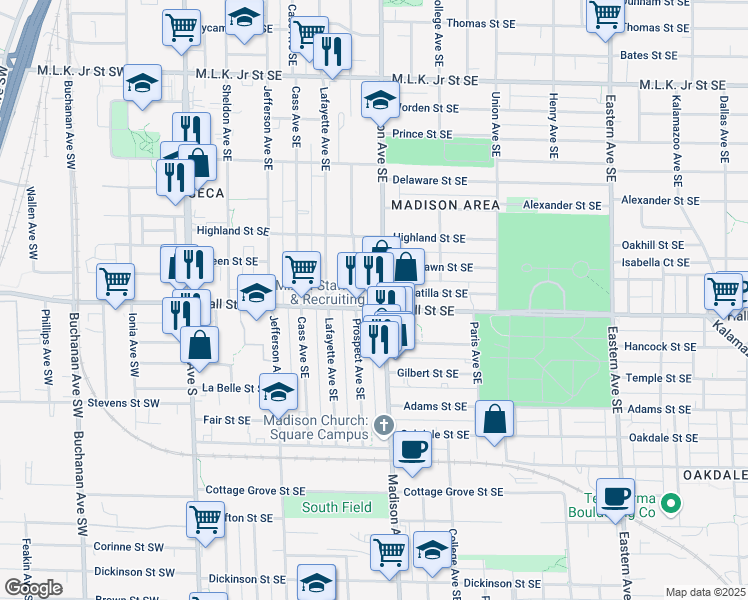 map of restaurants, bars, coffee shops, grocery stores, and more near 1151 Madison Avenue Southeast in Grand Rapids