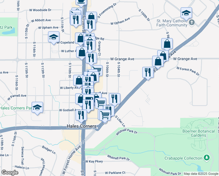 map of restaurants, bars, coffee shops, grocery stores, and more near 5637 South 104th Street in Hales Corners