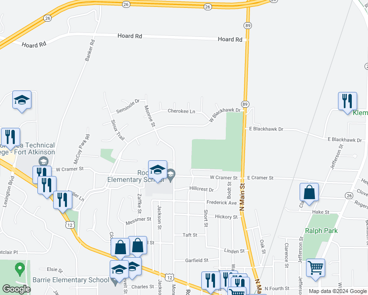 map of restaurants, bars, coffee shops, grocery stores, and more near 1008 Monroe Street in Fort Atkinson