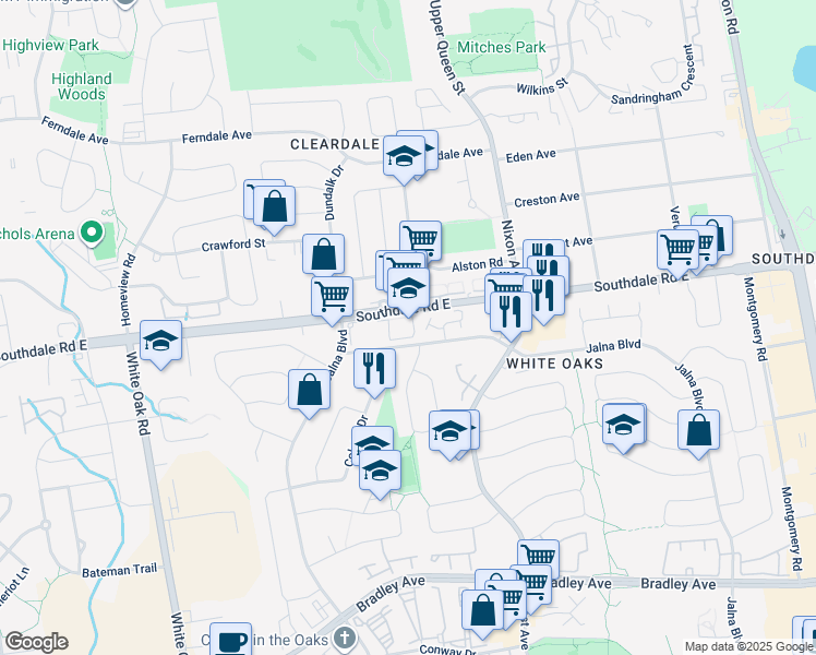 map of restaurants, bars, coffee shops, grocery stores, and more near 555 Southdale Road East in London