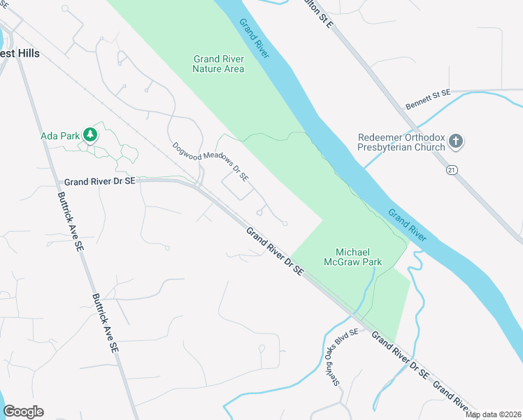 map of restaurants, bars, coffee shops, grocery stores, and more near Riverwalk Court Southeast in Ada