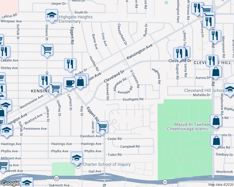 map of restaurants, bars, coffee shops, grocery stores, and more near 30 Allendale Road in Buffalo