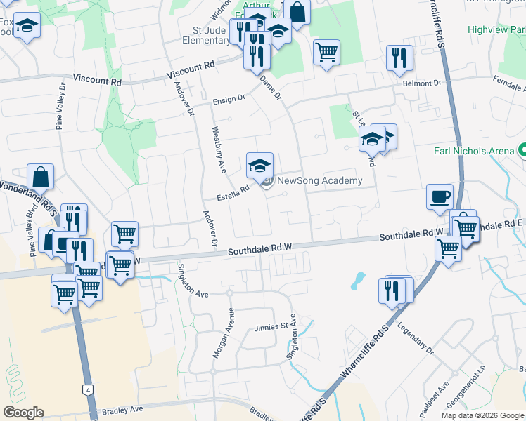 map of restaurants, bars, coffee shops, grocery stores, and more near 27 Saint Clair Crescent in London