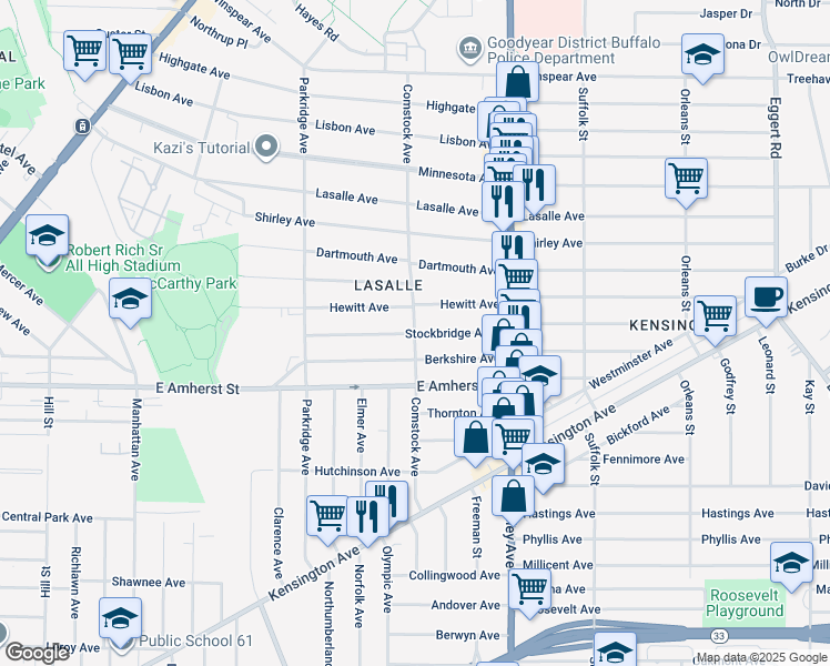 map of restaurants, bars, coffee shops, grocery stores, and more near 186 Comstock Avenue in Buffalo