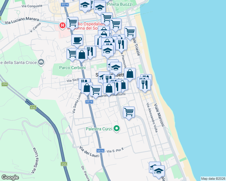 map of restaurants, bars, coffee shops, grocery stores, and more near 134 Viale Alcide de Gasperi in San Benedetto del Tronto
