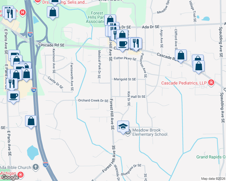 map of restaurants, bars, coffee shops, grocery stores, and more near 1148 Forest Hill Avenue Southeast in Grand Rapids