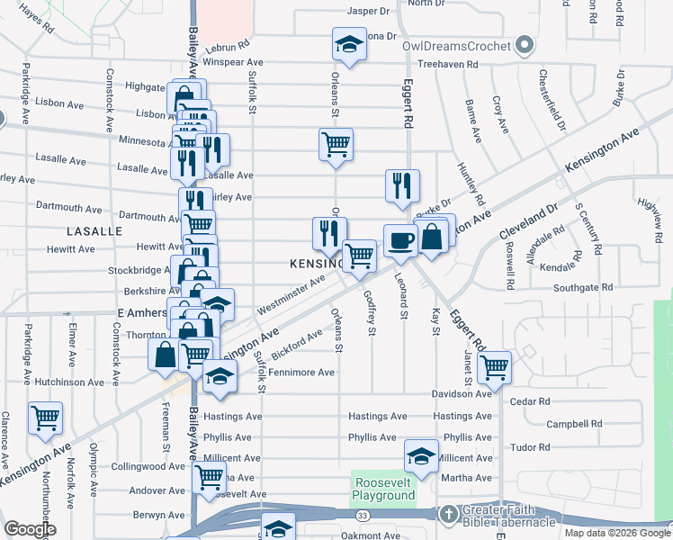 map of restaurants, bars, coffee shops, grocery stores, and more near Orleans Street & Westminster Avenue in Buffalo