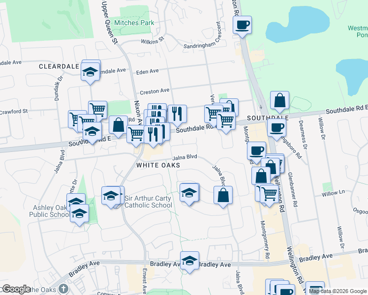 map of restaurants, bars, coffee shops, grocery stores, and more near 19 Poplar Crescent in London