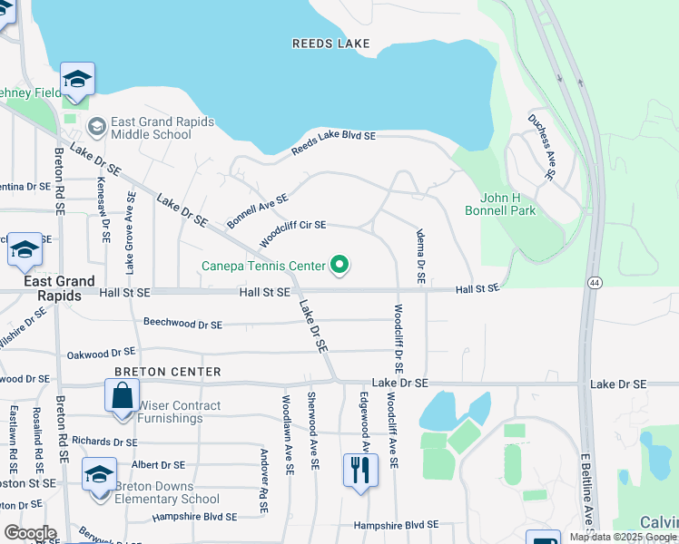 map of restaurants, bars, coffee shops, grocery stores, and more near 2915 Hall Street Southeast in Grand Rapids