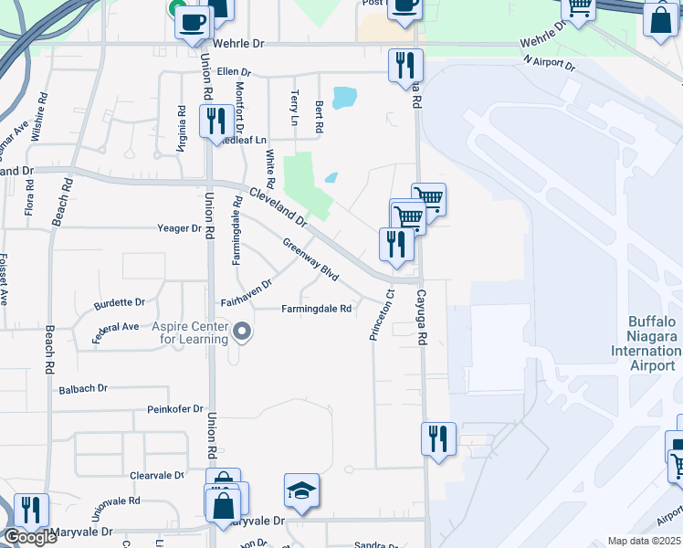 map of restaurants, bars, coffee shops, grocery stores, and more near 150 Greenway Boulevard in Buffalo