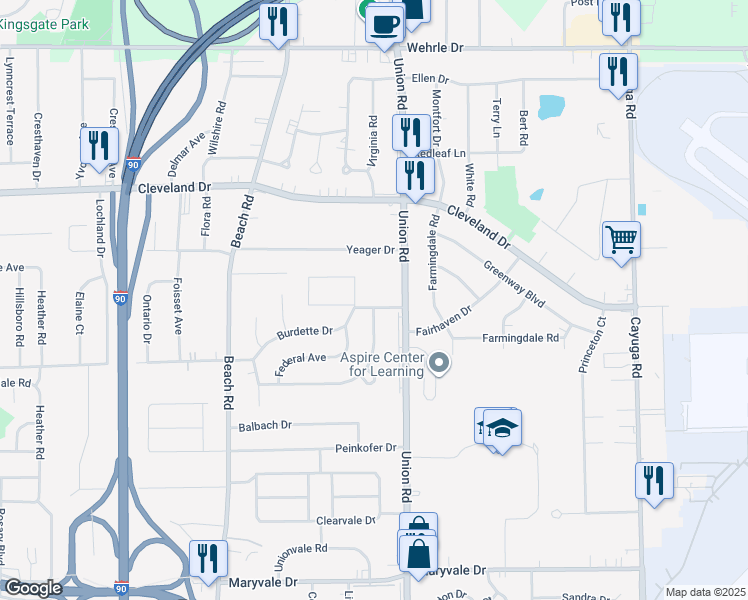 map of restaurants, bars, coffee shops, grocery stores, and more near 125 Burdette Drive in Buffalo