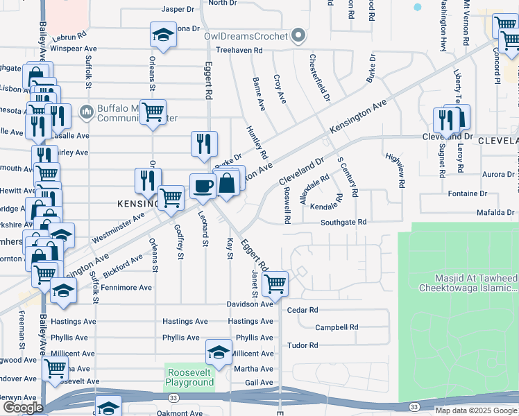 map of restaurants, bars, coffee shops, grocery stores, and more near 2 Cleveland Drive in Buffalo