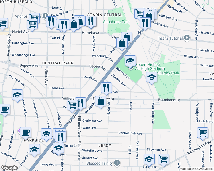 map of restaurants, bars, coffee shops, grocery stores, and more near 2773 Main Street in Buffalo