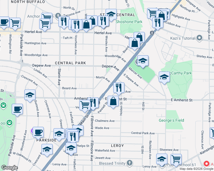 map of restaurants, bars, coffee shops, grocery stores, and more near 2750 Main Street in Buffalo