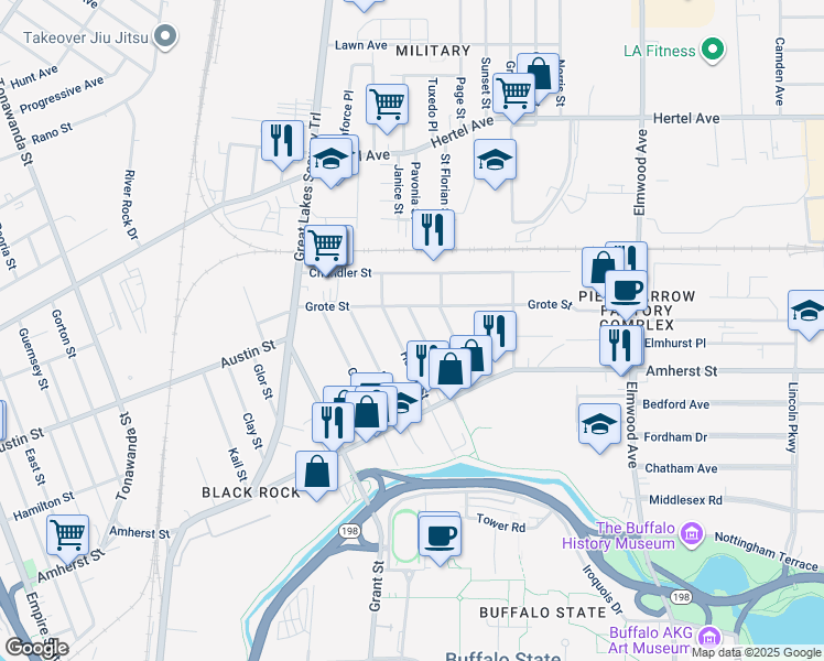 map of restaurants, bars, coffee shops, grocery stores, and more near 80 Reservation Street in Buffalo