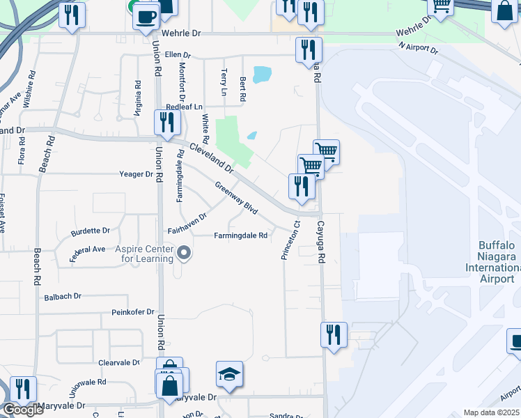 map of restaurants, bars, coffee shops, grocery stores, and more near 150 Greenway Boulevard in Buffalo
